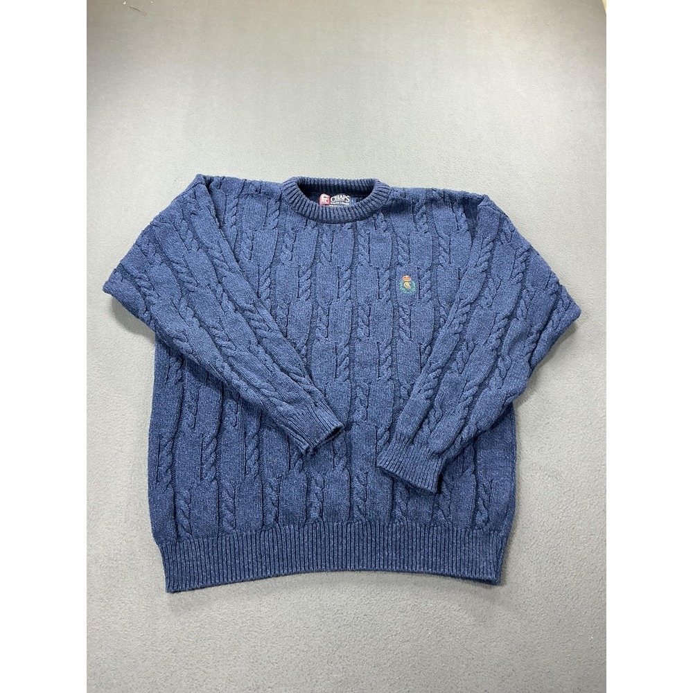 Vintage Chaps Ralph Lauren Sweater Mens Large Blue Crewneck Cable Knit USA 90s‎
